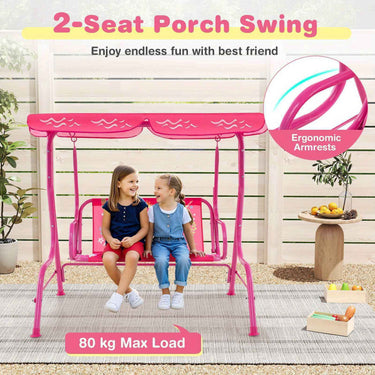 2-Seater Porch Swing Indoor / outdoor kids Chair Bench w/ Adjustable Tilt Canopy & Metal Stand Mermaid Pattern Pink